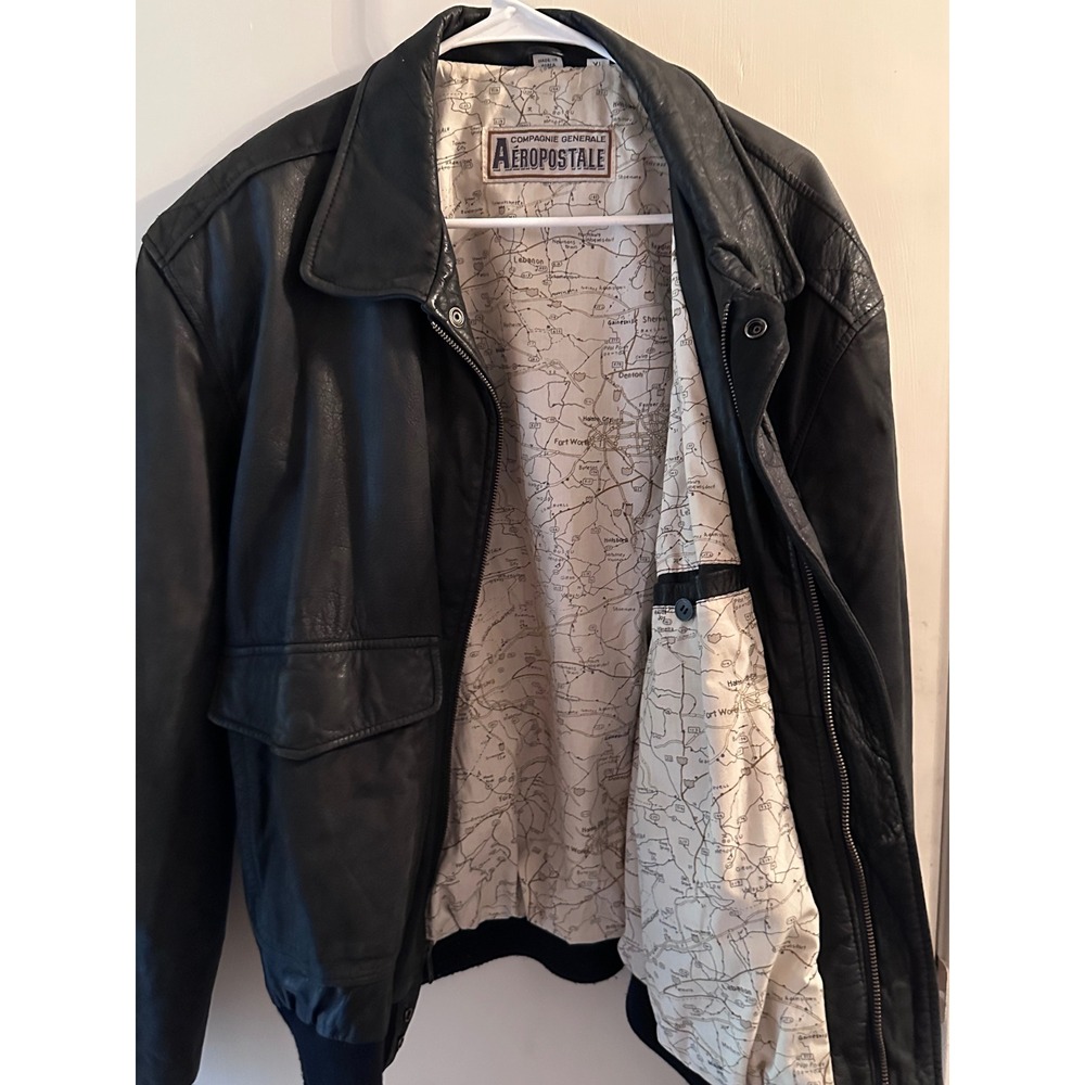 Aeropostale Vintage Mens XL Black Leather Bomber Jacket Map Lining A-2 Aviator